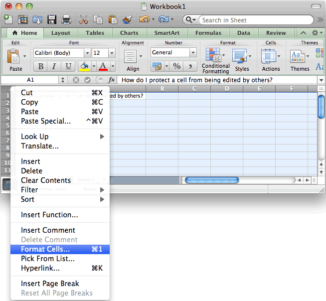 Microsoft office mac 2011 excel cannot see format cell popup page